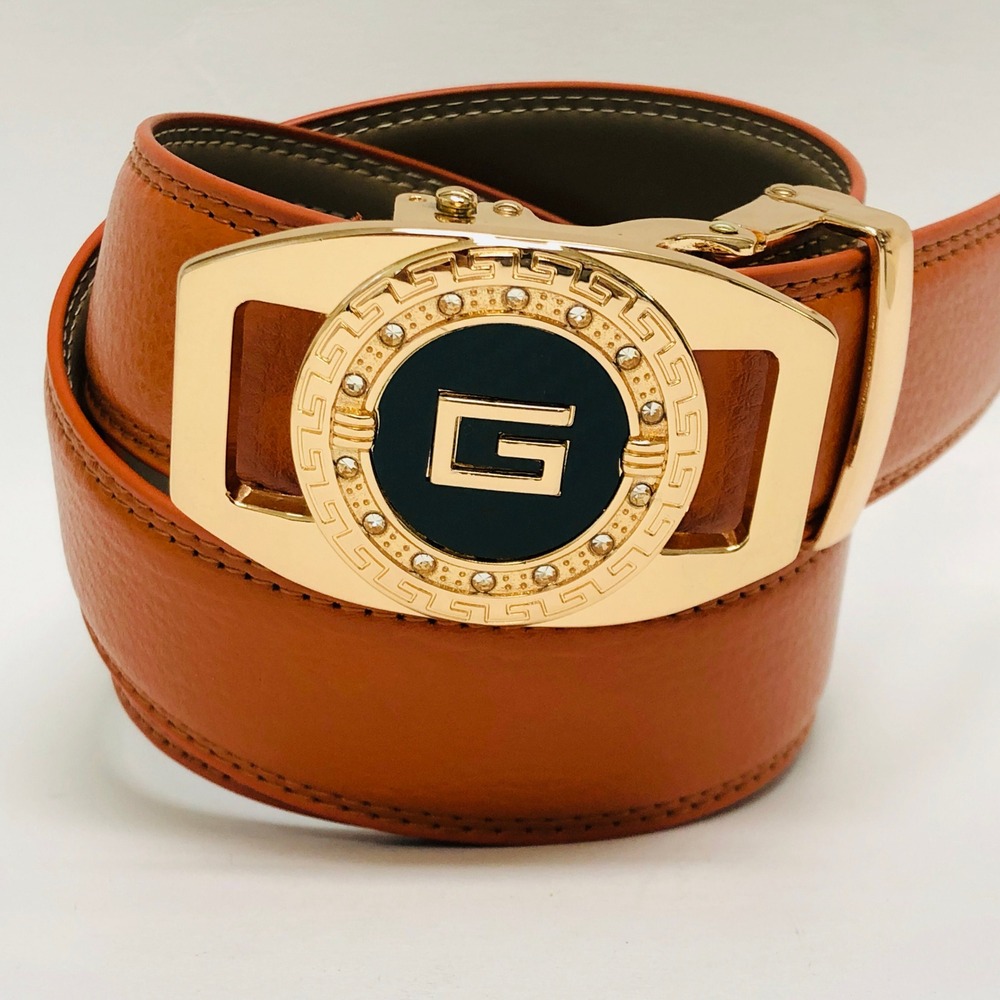 Designer Style Belt Gold‎ Buckle Ratchet Dress Belt Automatic Buckle PU Leather